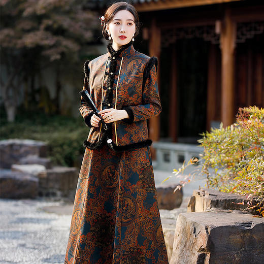 YM-21105复古百搭香云纱长款旗袍裙马甲两件套 商品图0