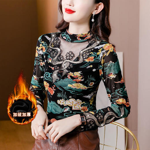 MZ 117019镶钻半高领秋冬网纱拼接打底衫 商品图0