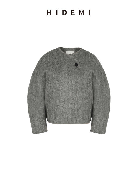 HIDEMI 水墨灰马海毛可拆卸围巾设计感短款茧型两件套大衣 商品图11