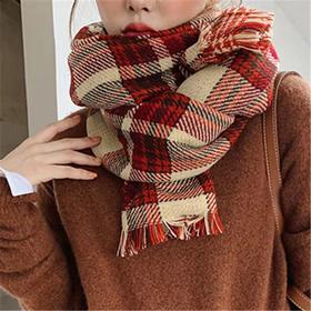 ins风围巾女冬季加厚韩版学生百搭可爱软妹英伦红色格子网红围脖