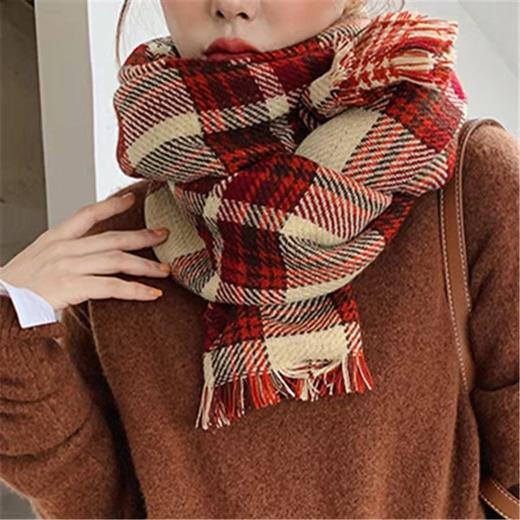 ins风围巾女冬季加厚韩版学生百搭可爱软妹英伦红色格子网红围脖 商品图0