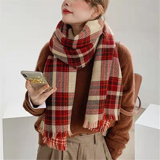 ins风围巾女冬季加厚韩版学生百搭可爱软妹英伦红色格子网红围脖 商品图1