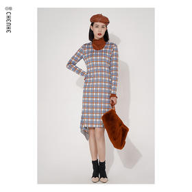 臣禾圆领彩色格纹不对称鱼尾裙摆连衣裙9203020377