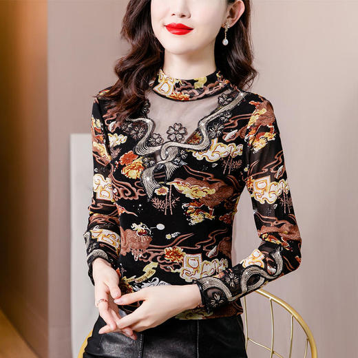 MZ 117019镶钻半高领秋冬网纱拼接打底衫 商品图2