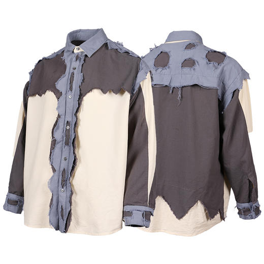 RELABEL 21SS 梁老师同款多层次糜烂破坏白蓝灰撞色拼接解构衬衣 商品图4