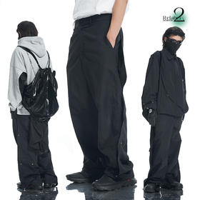 RELABEL 21AW黑色几何切割深蓝撞色线脚口可调节铆钉梭织长裤