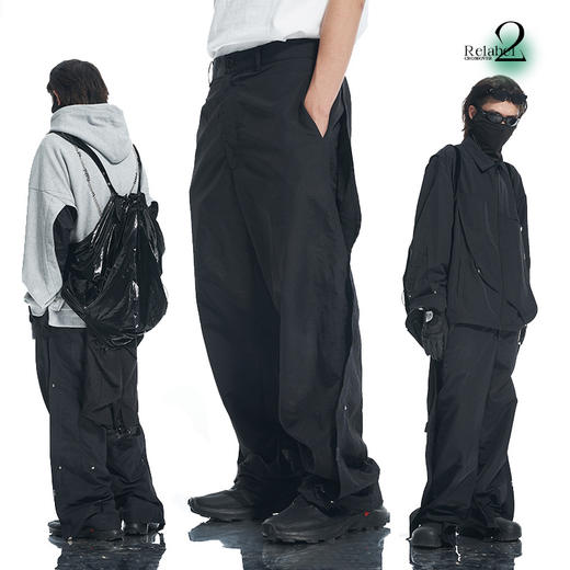 RELABEL 21AW黑色几何切割深蓝撞色线脚口可调节铆钉梭织长裤 商品图0