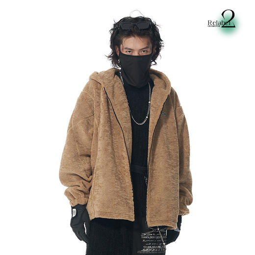 RELABEL 21AW 浅棕色羊羔绒品牌定制刺绣标交错走线宽松拉链外套 商品图2