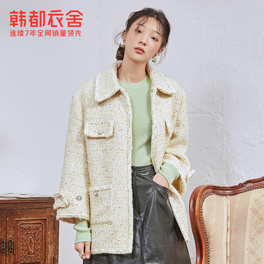 韩都衣舍冬季新款大翻领中长款羊毛粗花呢毛呢外套女JM10431 商品图0
