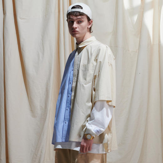 EAFINETAL.2021SS新款拼接纯色撞色设计纯棉宽松休闲上衣短袖衬衫 商品图2