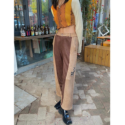 RELABEL 20AW 宋祖儿同款麂皮绒面料宽松廓形拼豹纹色拼接长裤 商品图1