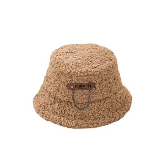 帽子女秋冬新款皮标链条羊羔毛渔夫帽韩版百搭加厚保暖毛绒盆帽潮 商品图4