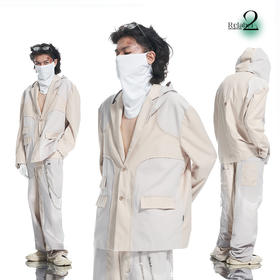 RELABEL21AW 浅卡其色梭织拼接可拆卸连帽多口袋不对称宽松西服