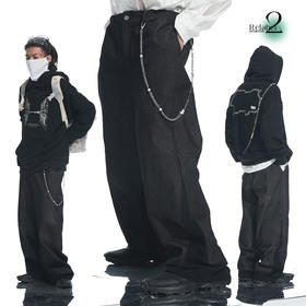 RELABEL 21AW 水洗高级黑色脚口异形拼接毛圈宽松牛仔裤