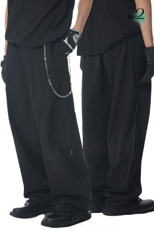 RELABEL 21AW 深灰撞色走线切割打褶黑色宽松休闲裤 商品图5