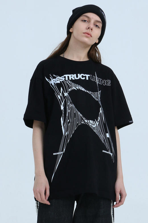 RELABEL20SS潮牌欧美风创意线条印花短袖男女黑白双色国潮情侣T恤 商品图5