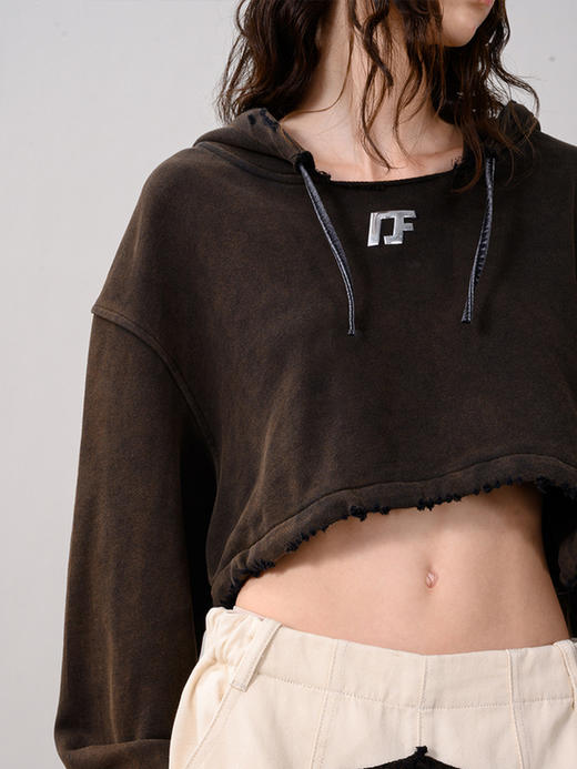 IFIK Brown Crop Easy Hoodie 轻松不失高级的水洗做旧连帽短卫衣 商品图2