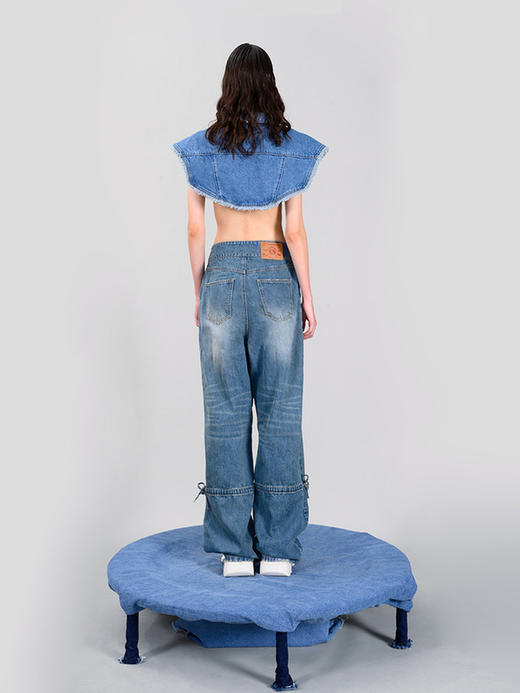 IFIK Blue Cargo Jeans两穿 反常规高腰双排扣束脚复古水洗牛仔裤 商品图2