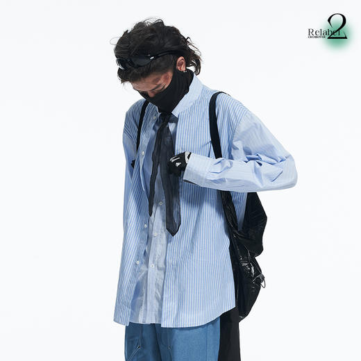 RELABEL 21AW 条纹拼接双重门襟结构休闲宽松衬衣 商品图1