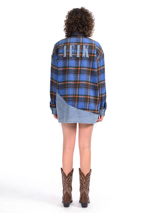 IFIK Plaid Shirt 摇滚校园 朋克也温柔格纹衬衫散边牛仔拼接外套 商品图3