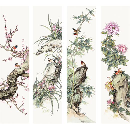 【四条屏】陈军工笔画白描底稿桃花树临摹勾线花鸟线稿CJ68 商品图0