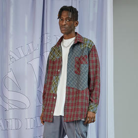 RELABEL 20AW 多色格纹异色不规则拼接内加绒衬衫外套