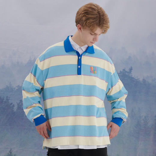 EAFINETAL.21AW新款PDU热压标蓝白相间条纹polo衫长袖纯棉休闲T恤 商品图0