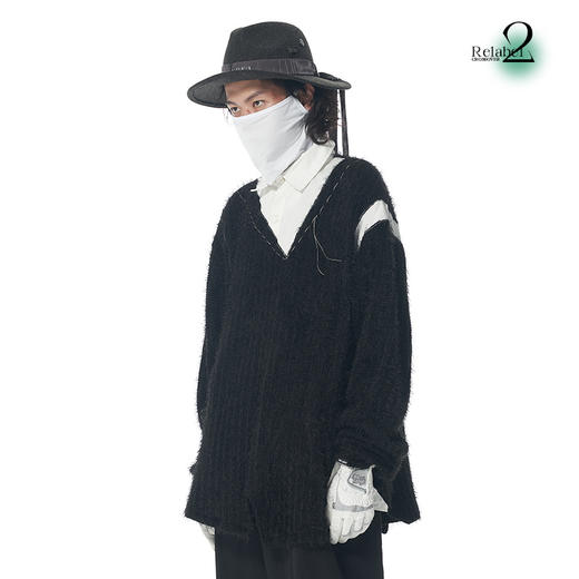 RELABEL 21AW 定织黑色毛料拼接白衬衣假两件手工明线宽松毛衣 商品图1