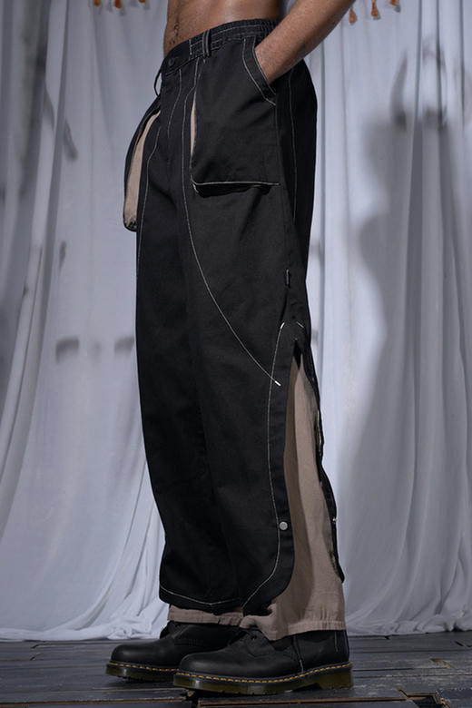 黑灰撞色双脚口可调节结构重工明线廓形立体口袋宽松长裤 商品图5
