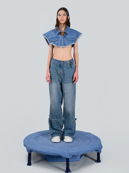 IFIK Blue Cargo Jeans两穿 反常规高腰双排扣束脚复古水洗牛仔裤 商品图1