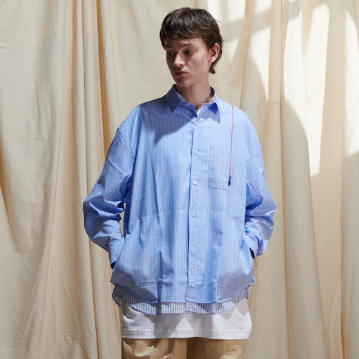 EAFINETAL.2021SS新款刺绣假两件拼接纯棉休闲宽蓝色松条纹衬衫 商品图2
