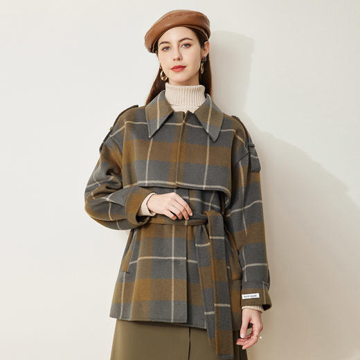 LH9H4斯尔丽2021新款秋冬瑟俪双面呢格子假两件式肩章羊毛大衣女 商品图2