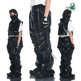 RELABEL 21AW黑色高密度未来感膝盖脚口可调节抽绳褶皱堆积长裤