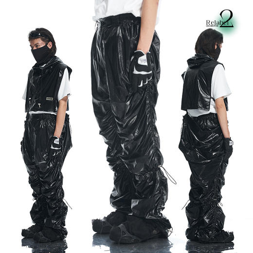 RELABEL 21AW黑色高密度未来感膝盖脚口可调节抽绳褶皱堆积长裤 商品图0