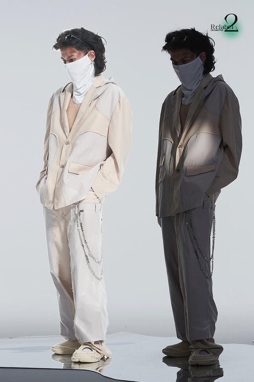 RELABEL21AW 浅卡其色梭织拼接可拆卸连帽多口袋不对称宽松西服 商品图5