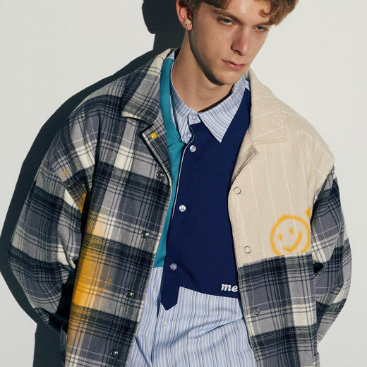 EAFINETAL.21AW新款笑脸印花法兰绒格纹拼接水洗毛边做旧夹克外套 商品图1