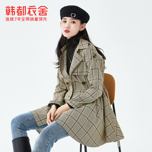 韩都衣舍2021春装新款收腰系带英伦风中长款格子风衣外套女PT9762 商品图0