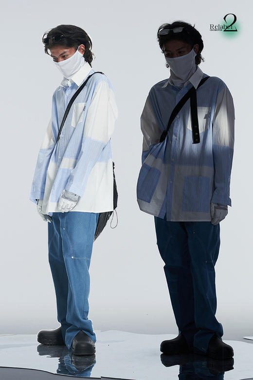 RELABEL 21AW蓝色条纹拼接多口袋可活动后片假两件宽松长袖衬衣 商品图5