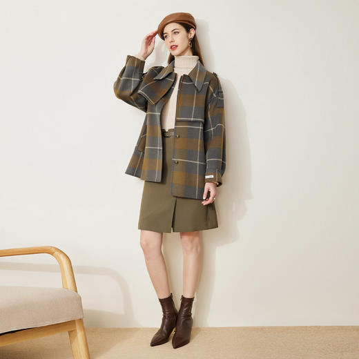 LH9H4斯尔丽2021新款秋冬瑟俪双面呢格子假两件式肩章羊毛大衣女 商品图3