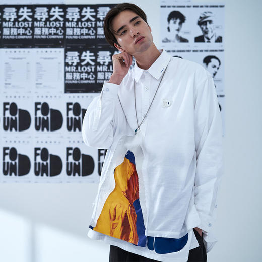 EAFINETAL.20AW“守望”主题印花水洗毛边效果拼接宽松休闲白衬衫 商品图2