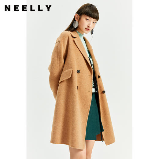 NEELLY纳俪商场同款外套女2021年新款双面呢大衣羊毛双排扣中长款 商品图3