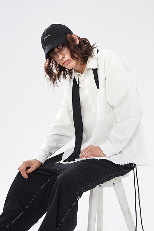 RELABEL 2020AW白色手工毛边潮牌衬衣男青春休闲宽松创意长袖衬衫 商品图5