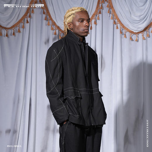 RELABEL 21SS黑色弧形交错立体重工明线多口袋透气亲肤棉麻西装 商品图3