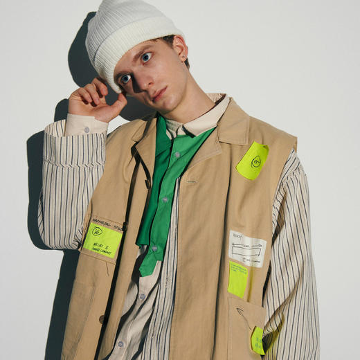 EAFINETAL.21AW新款荧光标签马甲假两件设计复古条纹夹克休闲外套 商品图2