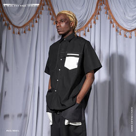 RELABEL 21SS 黑色双层结构撞色白口袋短袖宽松衬衣