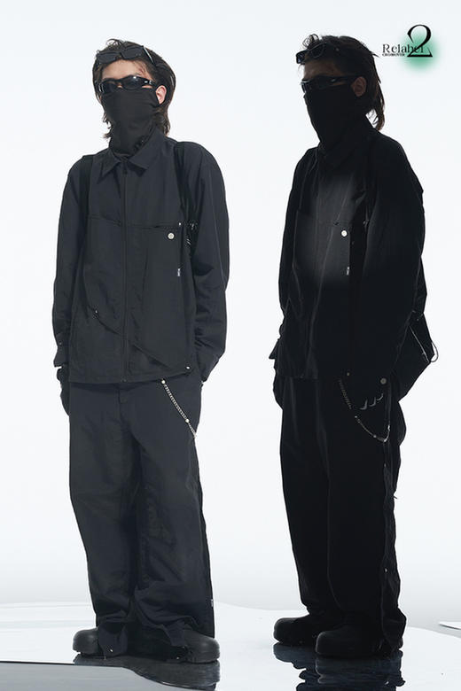 RELABEL 21AW黑色几何切割深蓝撞色线多层次铆钉宽松梭织夹克外套 商品图5