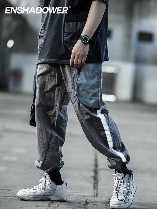 ENSHADOWER隐蔽者网洞拼接抽绳束脚裤男潮牌宽松反光条薄款休闲裤 商品图0