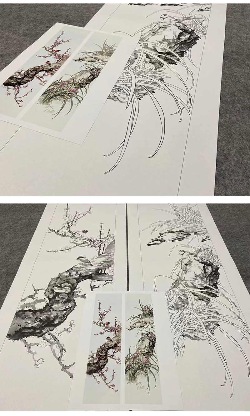 四条屏陈军工笔花鸟画白描底稿桃花树多种白描尺寸和参照图可选cj68