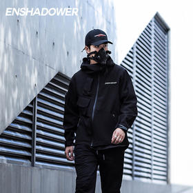 ENSHADOWER隐蔽者斜拉链软壳冲锋衣外套男冬季黑色加绒连帽夹克潮