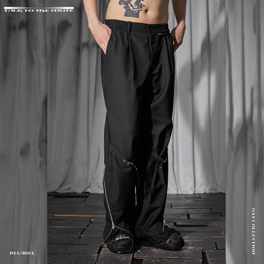 RELABEL 21SS 膝盖针扣调节脚口旋转拉链打褶撞线结构剪裁西裤 商品图3